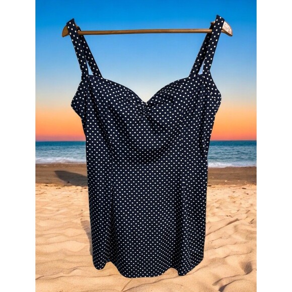 Anne Klein Swim Dress Women’s 16 Navy Polka Dot One Piece Padded Swimsuit - Picture 1 of 4